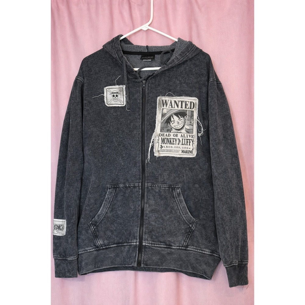 One Piece Zip Up Hoodie Sweatshirt Med Black Monkey D‎ Luffy Piratecore Wanted